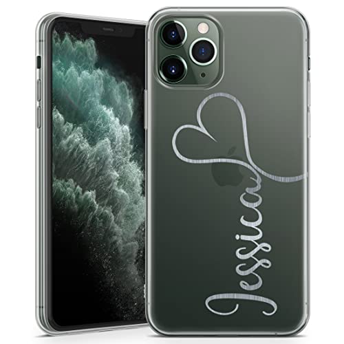 TULLUN Custodia personalizzata per iPhone 14 Plus, in morbido gel trasparente, cover personalizzata con nome e cuore, stile individuale con iniziali e testo, motivo argento