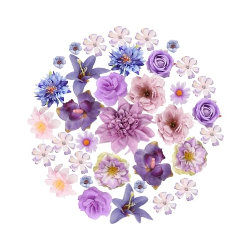 Zequech 35 flores artificiales para manualidades, serie morada, mini flores decorativas, ramo de novia, tablero de pared, boda, fiesta, hogar, jardín, corona de flores, decoración de bricolaje