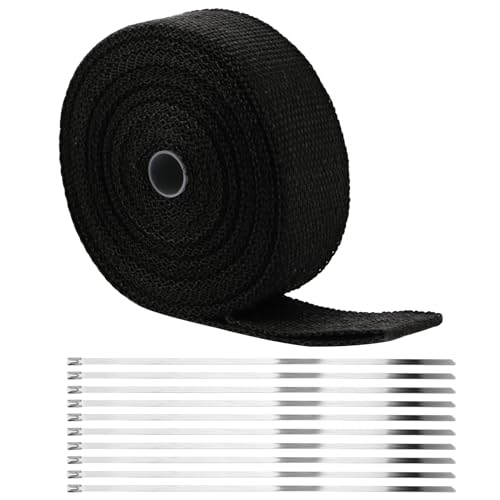 FAAING 15m x 50mm Hitzeschutzband Basaltfaser, Schwarz Hitzeschutzband Auspuff mit 10 Edelstahl Kabelbinder, Fiberglas Auspuffband für Motorrad Fächerkrümmer Krümmerband Thermoband