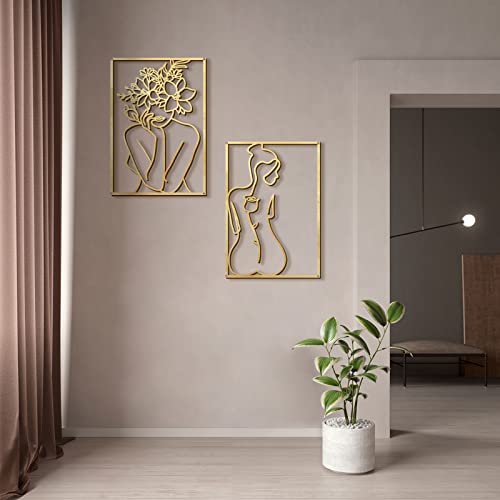 Glamativity 4 Pack Gold Wall Art Décor, Minimalist Décor Single Line Art Wall Décor, Real Metal Wall Art, Woman's Body Shape Abstract Wall Art (Gold Classic Style, M Size 17 X 11.8'') #TOP6