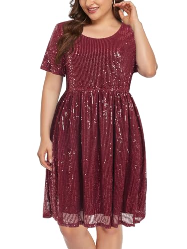 Wenrine Damen Große Größen Kleid mit Pailletten Plus Size Abendkleider A Line Partykleid Hochzeit Festlich Cocktailkleid,Weinrot,2XL