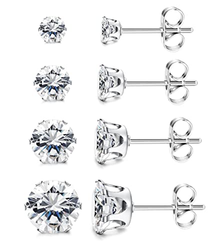 STAINLY 4 Pairs G23 Titanium Stud Earrings for Women Men, Clear 5A Cubic Zirconia Sleep Hypoallergenic Stud for Sensitive Ears 3/4/5/6mm