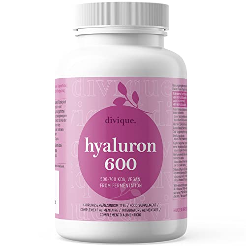 Divique Cápsulas de ácido hialurónico (90 unidades) – Cápsulas de ácido hialurónico con 600 mg de ácido hialurónico (500 – 700 kDa) – con vitamina C, zinc, cobre, selenio y biotina – sin aditivos no