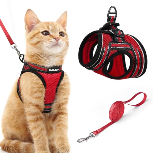 rabbitgoo Cat Harness and Leash Set for Walking Escape Proof, Adjustable Soft Kittens Vest with Reflective Strip for Extra Small Cats, Comfortable Choke-Proof Outdoor Vest Harness, Red, M