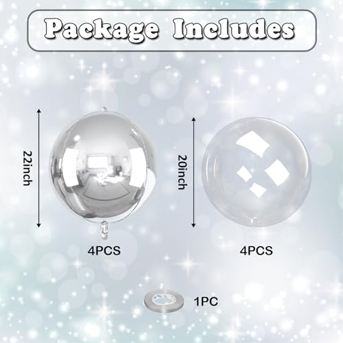 Image of 8 Pcs Bobo Balloons and Silver Round Foil Balloons 22 In Bubble Clear Balloon Metallic Silver 4D Ball Balloon Ornament Balloon for Birthday Grad Wedding Anniversary Prom Disco Party Decor