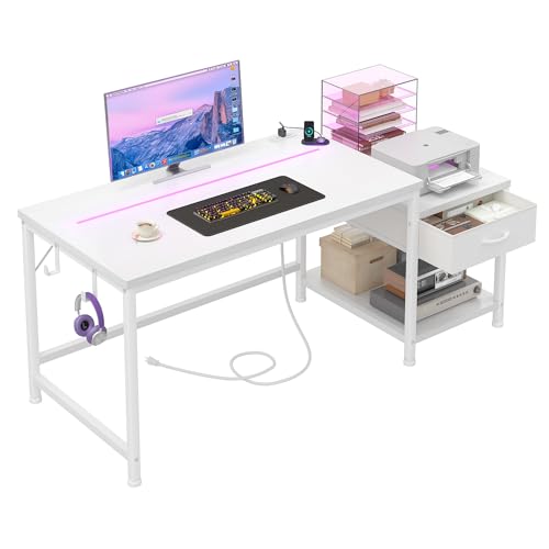 Image of DurayLoly 48 inch White Office Desk with Printer Shelf for Teens Bedroom & Dorm | Study Desk with Printer Shelf, Storage Drawers & Hook; Store Printer, Stationery and Accessories for Small space, White