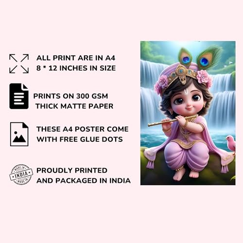 Image of Posters Inc Set of 12 Bal Krishna Stickers - Bal Gopal Cute Baby Posters for Pregnant Women, Kanha Ji HD Print on 300 GSM A4 (8x12 Inch) with Glue Dots, God Posters for Wall Decor, Living Room, Bedroom