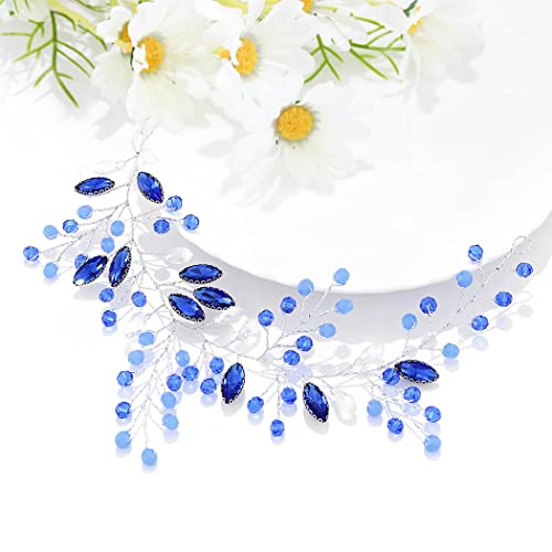 Flayem Wedding Hair Vine Blue Rhinestones Leaf Bridal Crystals Headpiece Crystal Tiara Headband Evening Party Prom - Image 2