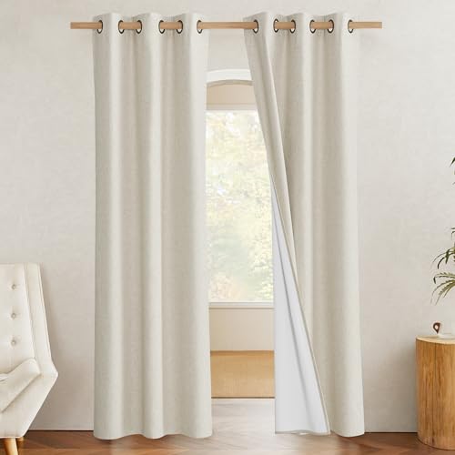 NICETOWN Natural Full Blackout Boho-Chic Linen Curtains 90 inch Long 2 Panels Set for Cafe Window, 34 inch Wide, Thick Linen Blend Drapes, Insulated Window Covers Draperies with White Backing - image 2