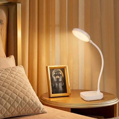 Image of White Small Battery Powered Desk Lamp,Battery operated lamp,5W Rechargeable desk light,3 Colors,Adjustable brightness,360Gooseneck Hose,Cordless lamps for small spaces,Eye-friendly and Energy Saving
