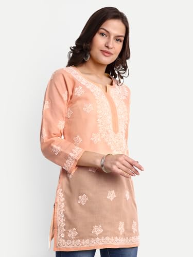 Image of Ada Hand Embroidered Lucknow Chikankari Straight Round Neck Cotton Blend Short Kurti Tunic Top for Women A911333