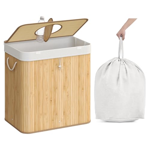 SONGMICS Pfandflaschen-Sammelbehälter, 120 L Pfandflaschen-Behälter, Bambus, Flaschensammler Leergut, Recycling-Behälter, mit Loch, Deckel, Innensack mit Griffen, Küche, naturbeige RRB012Y01