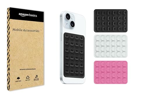 Image of amazon basics Suction Phone Case Anti-Slip Silicone Hands-Free Sticky Pads for Phone Case Mount for Selfies Videos Mirror Shower Car Dashboard - Black,White,Pink (Pack of 3)