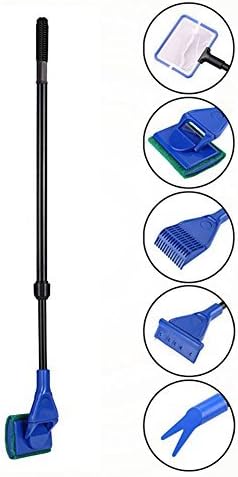 Aquarium Fish Tank Clean Set,DULU 5 in 1 Complete Adjustable Kit Fish Net + Rake + Scraper + Fork + Sponge Brush(Blue) (5 in 1)