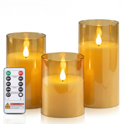 Image of Homemory Amber Flameless Candles, Battery Operated Acrylic LED Pillar Candles with Remote Timer, Realistic Flickering Fake Candles for Home Decor, Thanksgiving, Christmas, Wedding, Set of 3