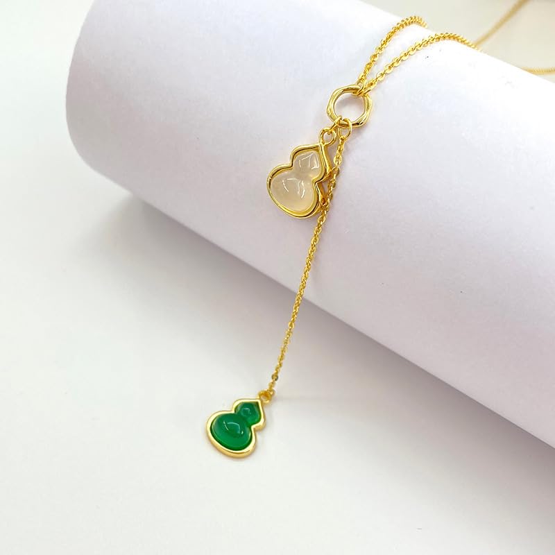14K Gold Green and White Gourd Jade Pendant, Lucky and Prosperous Necklace, Charming Gift for Her4