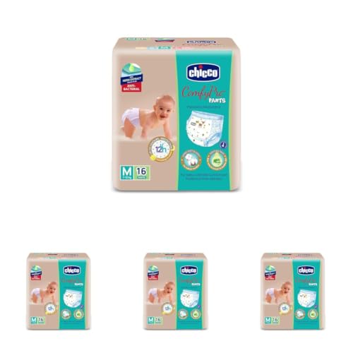 Image of Chicco Comfy-Pro Pant Style Baby Diapers | Anti-bacterial benefits | Ultra Soft & 12hrs protection | Wetness indicator & Disposing Tapes - Medium, 16 Count, 7-12 Kg (Pack of 4)