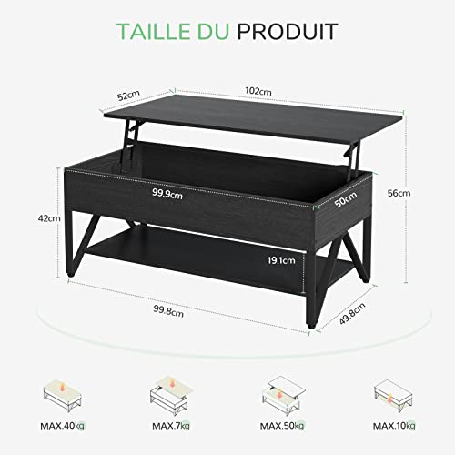 Novilla Table Basse de Salon avec Plateau Relevable, Compartiment Caché, Grande Capacité de Rangement, Table de Salon et Salle à Manger, Design en W, Style Industriel, Métal, 102×52×42cm, Noir - Image 4