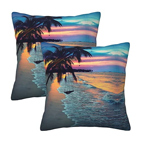 Lot de 2 taies d'oreiller décoratives en coton avec motif de noix de coco et coucher de soleil