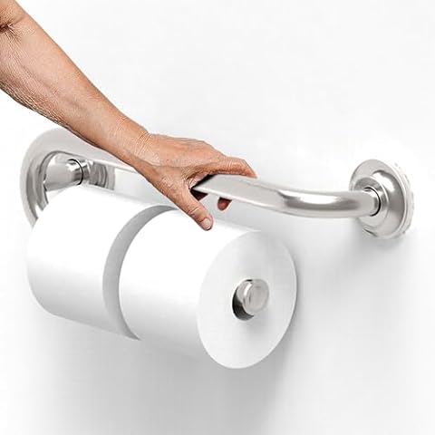 AmeriLuck Toilet Paper Holder Grab Bar, 250lbs Support, Bathroom Mobility and Safety Aid, Standing and Sitting Help for Seniors and Disabled, 16in for Stud Mount, Brushed Nickel, 1290050 Cover