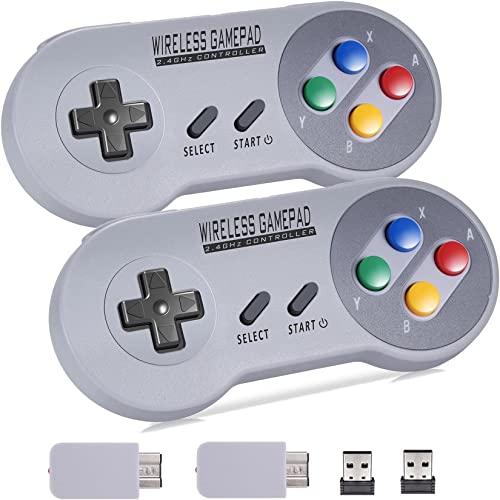 Wireless Controller 2.4GHz for SNES/NES Classic Mini Original Edition, Plug & Play Retro Gamepad with USB Receiver Joystick Rechargeable Super-Nes Game Controllers for PC/Windows/iOS/ Android, 2 Packs