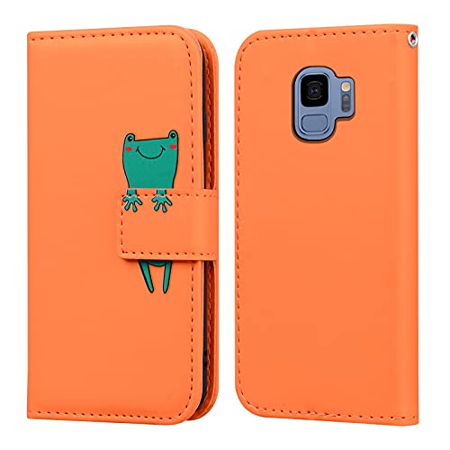 Aosbutury Wallet Phone Case For Samsung Galaxy S9,Cartoon Frog Pattern Synthetic Leather Flip Cover With [Kickstand][Card Slots][Magnetic Closure] -Samsung Galaxy S9 (5.8"),Orange #TOP21