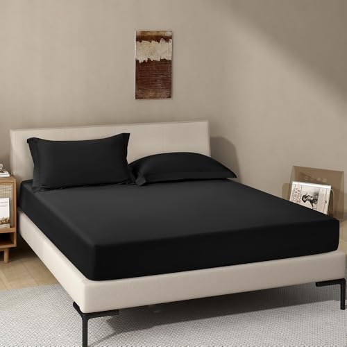 Image of Black Fitted Sheet,Full Size Fitted Sheet with Deep Pocket 18 inch,Ultra Soft & Breathable FittedSheet Easily Fits 18 inch to 24 inch Mattress