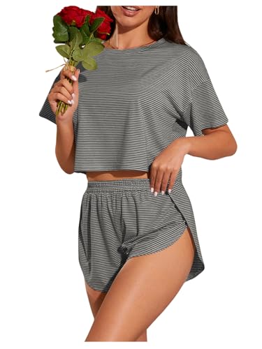 Image of OYOANGLE Womens Pajama Sets 2 Piece Sexy Lounge Sets Summer Cute Pjs Striped Print Tee and Side Split Shorts Set