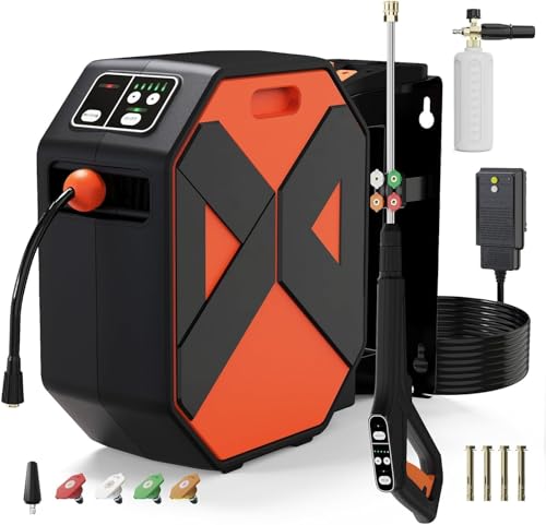 Wall Mounted Pressure Washer, 5000MAX-PSI Wall Mounted Power Washer with 100 FT Retractable Hose, Remote Control, Foam Cannon, 5 Connect Nozzles for Garage/Patio/Home Cleaning, Amber