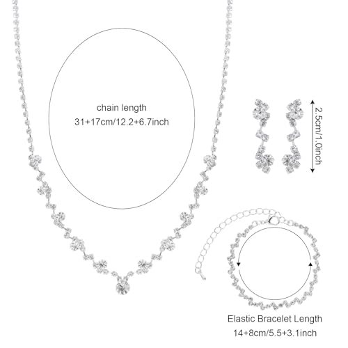 Women Jewelry Set Silver Necklace Earrings Bracelet Rhinestone Crystal Bridal Wedding Jewelry Sets for Brides Bridesmaid Wedding Party2