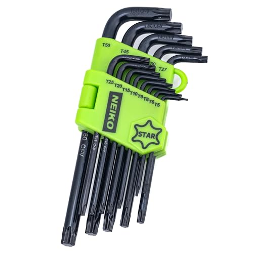 NEIKO 01102A Torx Allen Wrench Set 13 Piece Key Set Long Torx Keys T5 to T50 6 Point Star Wrench Set for Bike Bicycle Repair Black Oxide Chrome Vanadium Hanging Storage Case