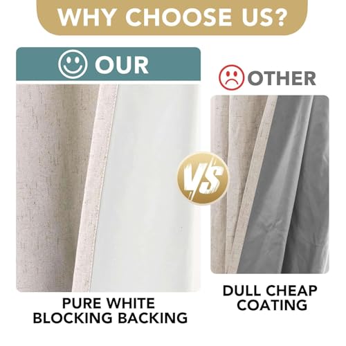 Image of H.VERSAILTEX Linen Curtains 100% Blackout Curtains for Bedroom 102 inch Long Full Light Blocking Nature Linen Blended Window Curtains for Living Room Nickel Grommet (2 Panels, Natural)