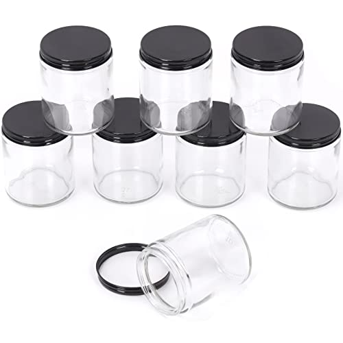 Swpeet Paquete de 8 tarros de vidrio transparente de 240 ml con tapa negra, kit surtido de recipientes redondos, tarros de vidrio cosméticos con tapas, viaje, recipientes para crema