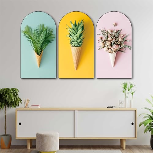 Image of SAF Colorful Flower in Ice Cream Cone Wall Art 3 Panel Set | Modern Abstract Floral Painting on MDF | Fun & Quirky Wall Hanging for Living Room Bedroom Office Cafe Decor (30 x 50 Inch) RPNL-78