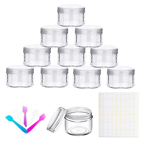 50 Packs 15g Sample Containers with Lids, Labels and 5 Makeup Spatulas Clear Cosmertic Jars for Beauty Products.