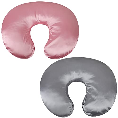 Image of Satin Nursing Pillow Cover Set 2 Pack Ultra Soft Silk Compatible with Boppy Pillow for Breastfeeding Pillow Protect for Baby Hair and Skin Grey & Pink
