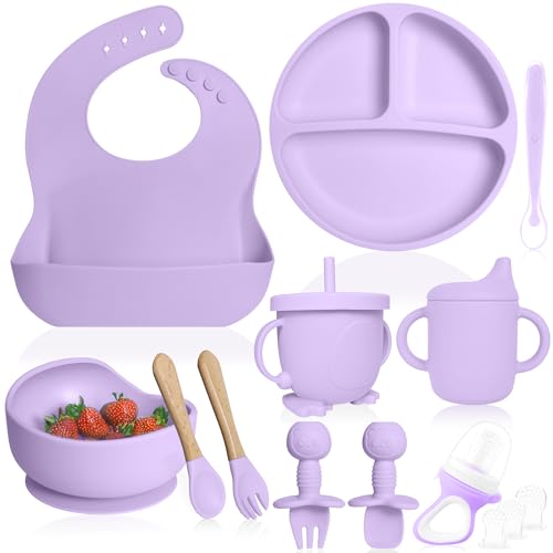 Bluet B Baby - Vajilla Bebe Silicona - Plato Bebe Ventosa - Vajilla Infantil Antideslizante sin BPA - Set Silicona Platos Bebe - Cubiertos Bebe BLW - Chupete Alimenticio - 11 piezas (Morado)