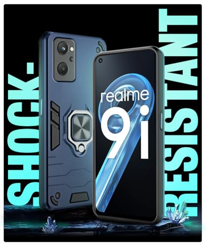 Image of WOW IMAGINE Shock Proof Back Case Mobile Cover for Realme 9I 4G | Back Cover Case (Tough Armor | Hybrid PC + TPU | Ring Holder & in-Built Kickstand | Blue)