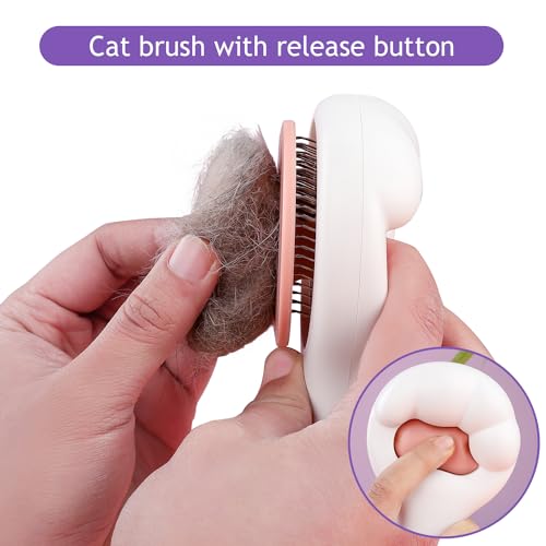 Image of Cat Brush for Long or Short Haired Cats and Dogs, Self Cleaning Pet Hair Brush, Removes Loose Fur, Tangles, Mats, Dander, Dirt, Provides Relaxing Massage, Pink White