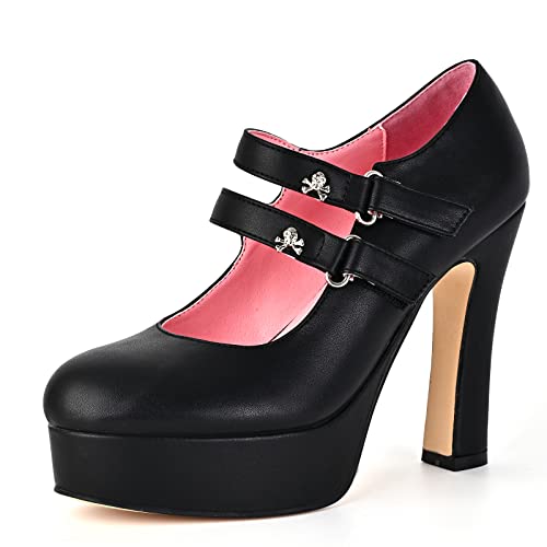 Women's Gothic Platform Double Ankle Strap Mary Jane Block High Heel Pumps Hook and Loop Skull Decoration Shoes