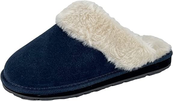 Image of Clarks Womens Open Back Suede Leather Comfort Clog Slipper JMS0583C - Plush Faux Fur Trim - Indoor Outdoor House Slippers for Women (Navy Premium Suede, 9)