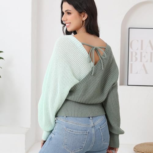 Image of Women's Wrap V Neck Knit Sweaters Batwing Long Sleeve Cross Front Drop Shoulder Fall Pullover Tops