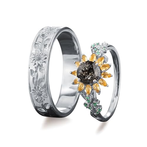 2Pcs Sunflower Couples Wedding Rings Set, S925 10K 14K 18K Gold Engagement Rings for Men and Women, Customized His and Her Matching Leaf Anniversary Bands Jewelry gifts Free Engraving3