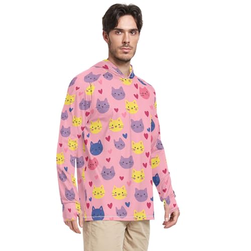 Wudan Valentine's Cartoon Hearts Cat Pink Mens Hoodies Shirts Long Sleeve Hiking Hoodie Swim Shirt UPF 50+ S2