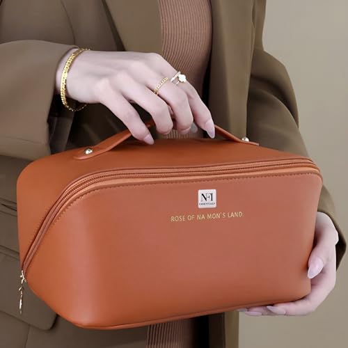 Image of NFI Essentials Pack of 2 Cosmetic Travel Organizer Bag, Women's Makeup Pouch Toiletry Bag Portable Leather Wide Opening Cosmetics Bag with Handle and Divider, 8Cm, Assorted