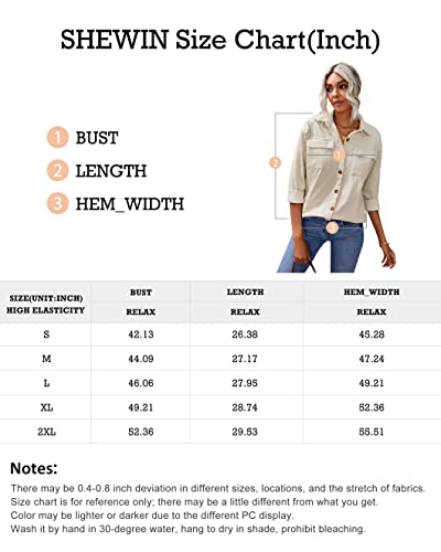 Shewin Womens Corduroy Shacket Jacket Long Sleeve Button Down Shirt Fall Casual Solid Color Collared Oversized Tops With Packets,Us 16-18(Xl),Beige #TOP5