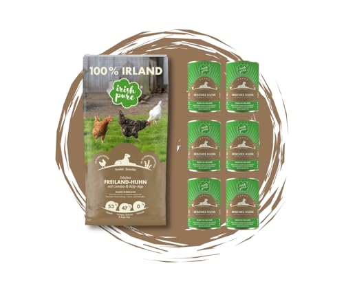 Irish Pure Freiland-Huhn Senior – 12kg + 6x390g - getreidefreies Trockenfutter & Nassfutter für ältere Hunde – mit Kelp-Alge – 100 % natürlich & artgerecht - optimal ausgewogene Ernährung - Sparpaket