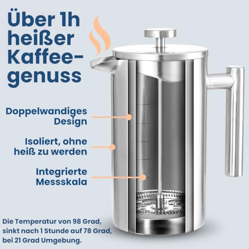 KIMIJO French Press Edelstahl 1000ml I Thermo Kaffeebereiter isoliert I Doppelwandig incl. 3 Ersatzfilter & Korkuntersetzer I Spülmaschinenfest I Stempelkanne matt gebürstet 3