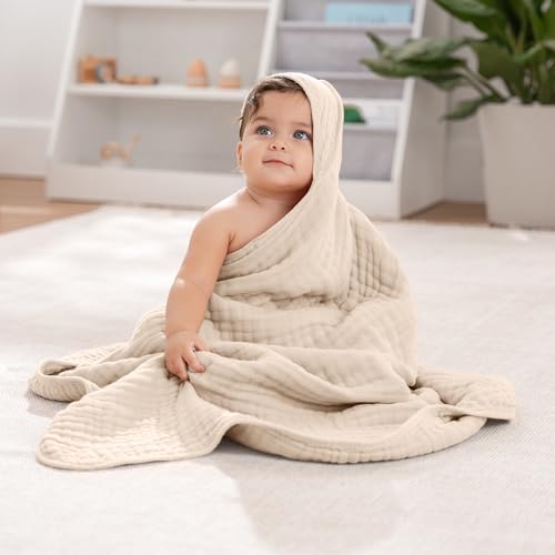 Image of Comfy Cubs Hooded Baby Towel 2-Pack, Large 32 x 32 Inch - 6 Layer 100% Muslin Cotton for Babies, Toddlers, Kids - Soft & Absorbent Baby Bath Towels - Unisex Design for Bath Time, Cedar and Sand