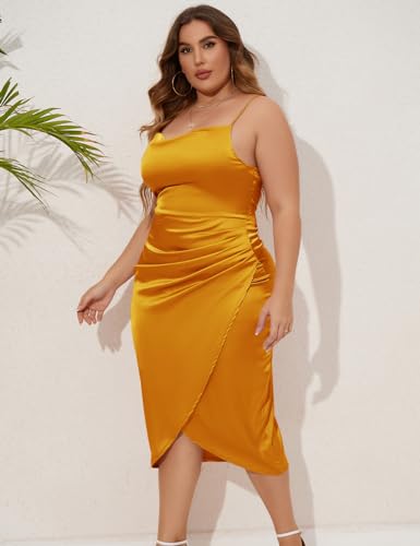 Image of ZOMVA Plus Size Satin Dress 1X-4X Ruched Cowl Neck Spaghetti Strap Elegant Midi Dress Wedding Guest Cocktail Party